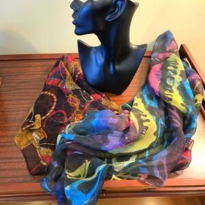 Two Sheer Scarfs, Rectangle w/Leopards & Chains, Square w/Abstract Design